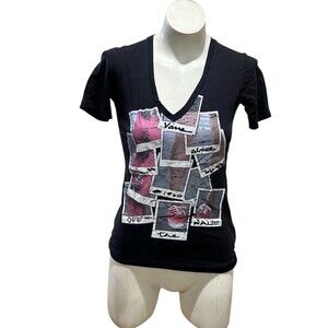 Vans Off The Wall Womens T-Shirt Size S Black V-Neck Polaroid Graphic Tee